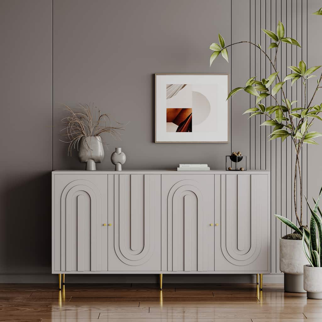 59.84" Grey Lacquered 4 Door Wooden Cabinet - 59.84 inches L x 15.75 inches W x 33.46 inches H