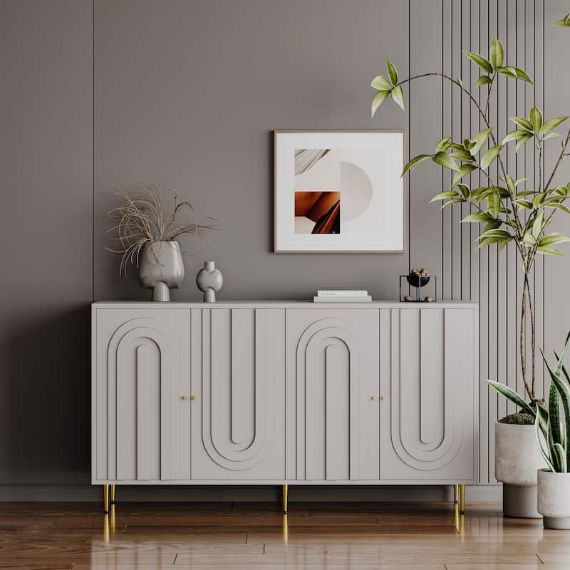 Sideboard Cabinet with 4 Door, Wood Storage Cabinet with Gold Knobs and Legs, Entryway Table with Adjustable Shelves