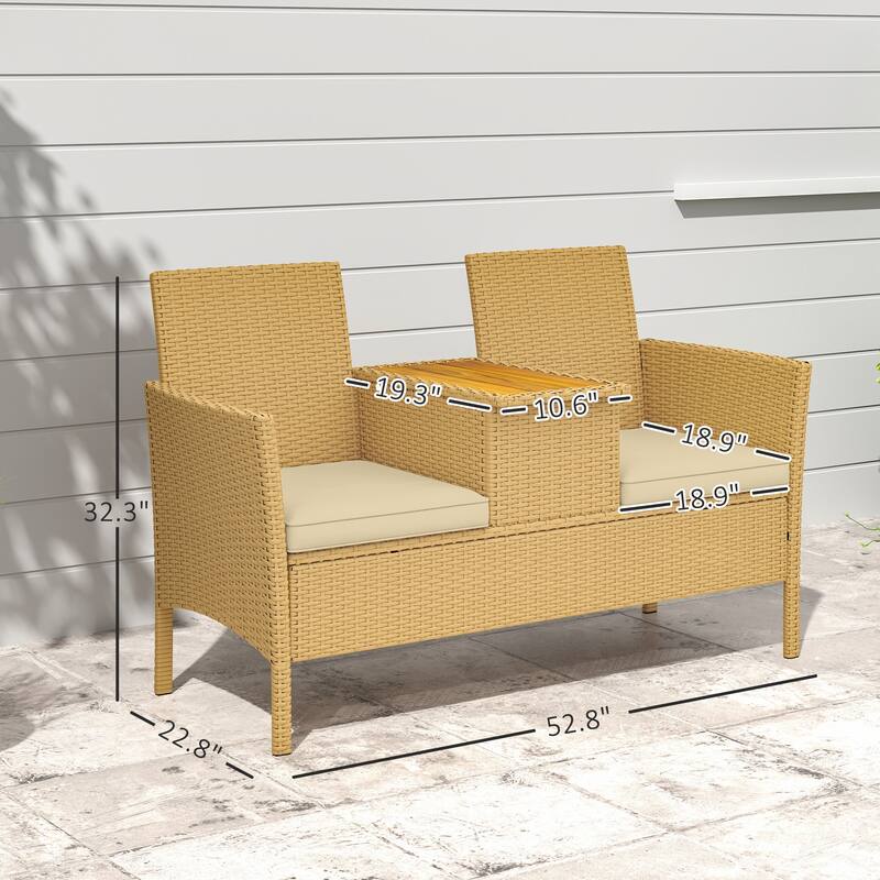 Khaki PE Rattan Steel Patio Loveseat with Cushions and Storage Table - 52.8" W x 22.8" D x 32.3" H