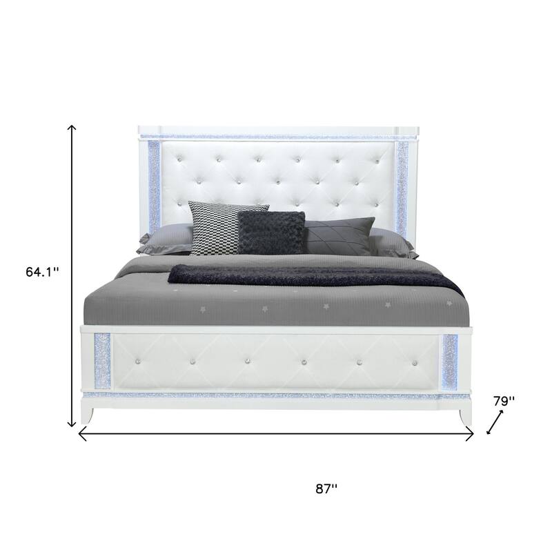 HomeRoots White Faux Crystal Bling Wood And Tufted Cotton Lighted King Bed Frame