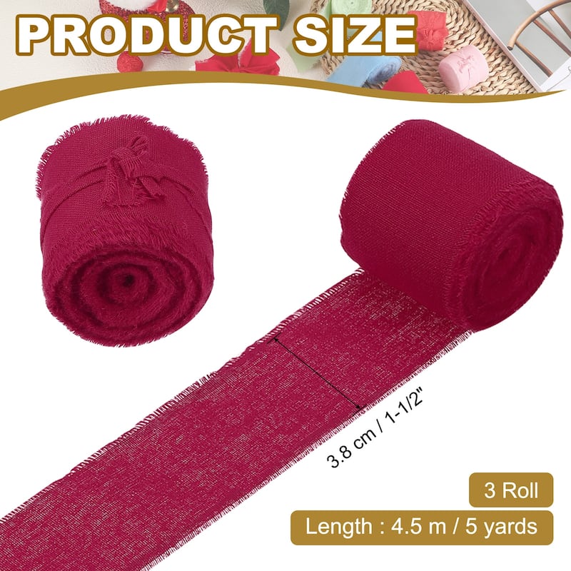 1-1/2"x15 Yd Handmade Fringe Cotton Ribbon Frayed Ribbons 3 Roll - 5Yd - Berry Red