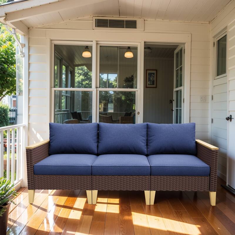 Gymojoy 3-Seat Sofa Wicker Rattan Sectional Sofa - Brown - Blue
