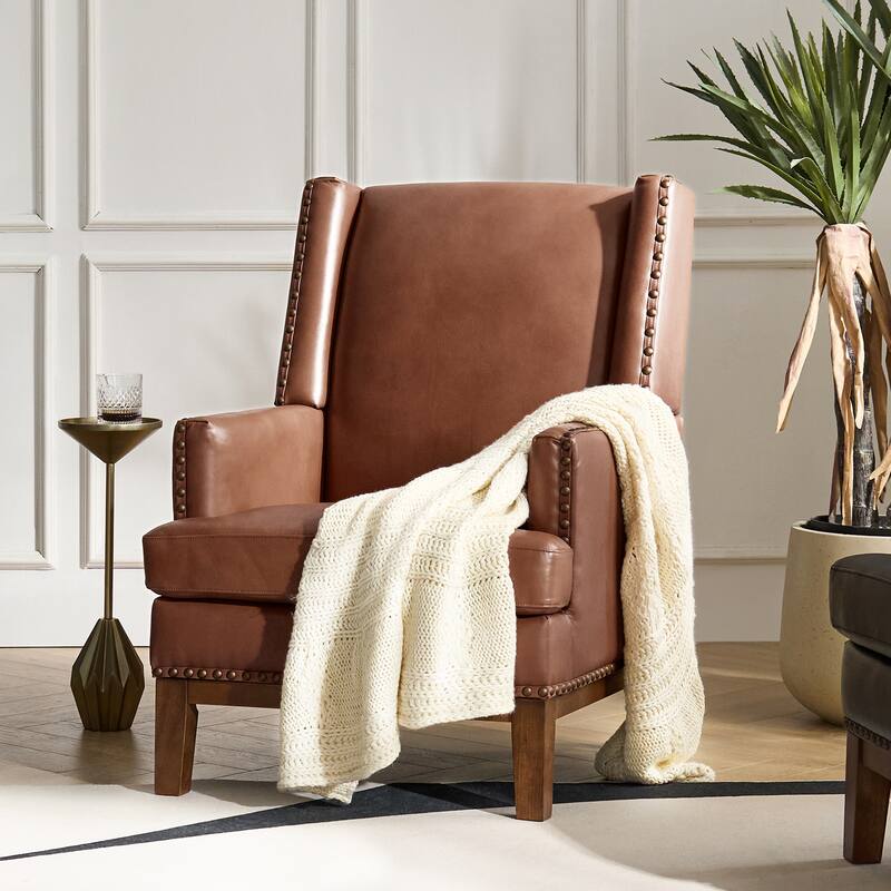 Lourdes Genuine Leather Armchair with Solid Wood Frame and Removable Seat Cushion by HULALA HOME