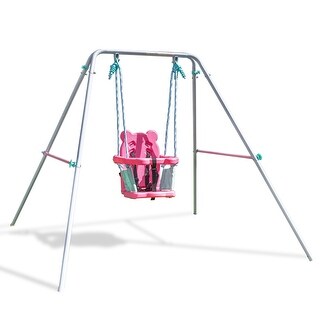 Indoor/Outdoor Toddler Metal Swing with Safety Harness, Foldable Frame