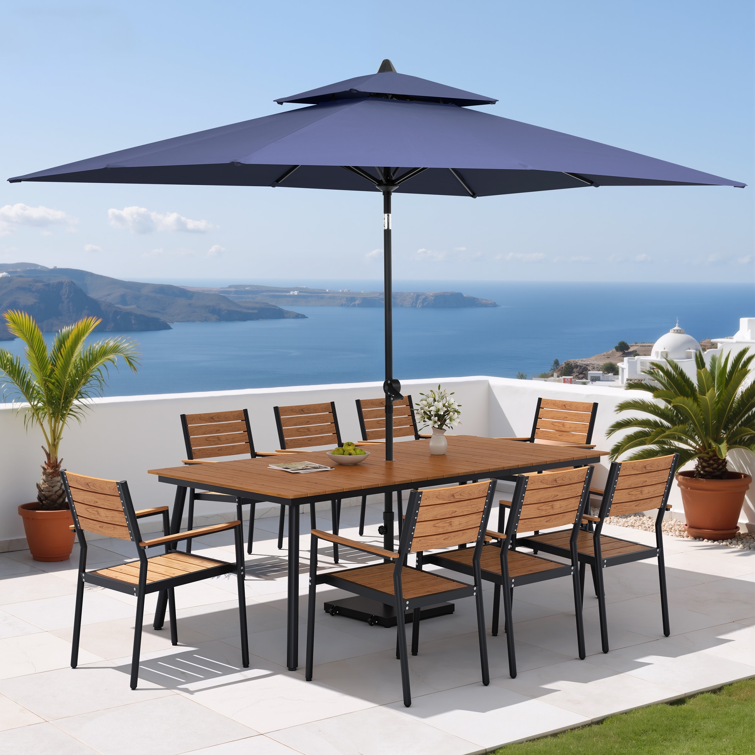 11PC Outdoor Patio Dining Set Aluminum Table with Stackable Armchairs w/ Premium Market Umbrella Sets