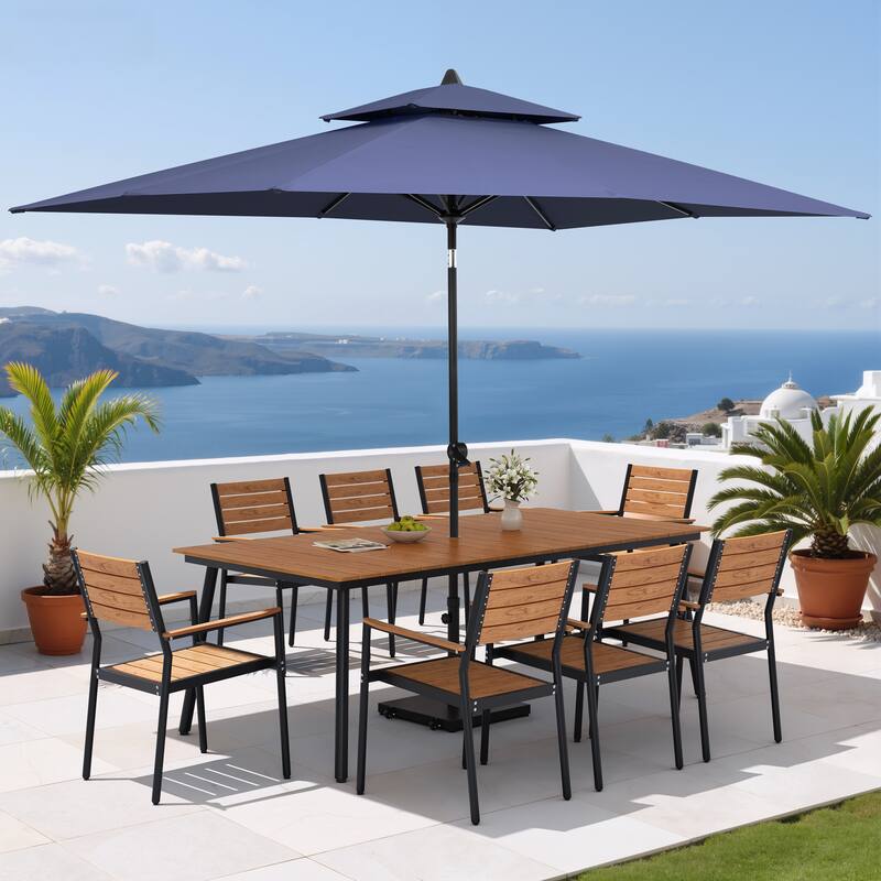 11PC Outdoor Patio Dining Set Aluminum Table with Stackable Armchairs w/ Premium Market Umbrella Sets - BrownTable&BrownChairs&NavyBlueUmbrella