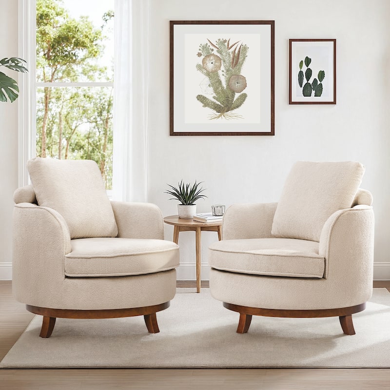Set of 2 Comfortable Upholstered Swivel Chair with Soft Chenille and Wood Base - Taupe