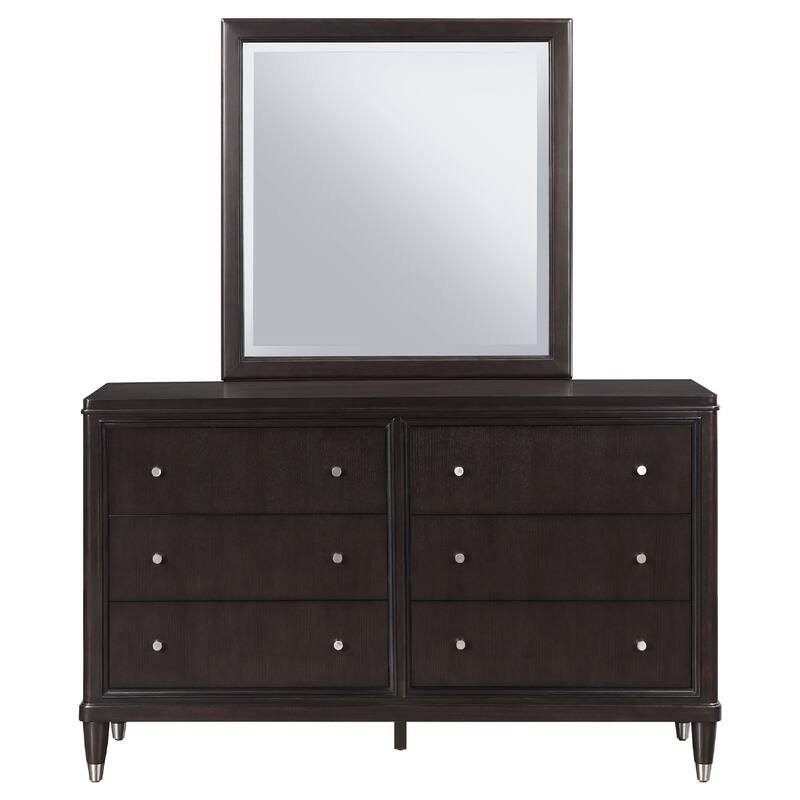 Amber Wide Dresser with Mirror, 6 Drawers, Brown Wood, Silver Knobs