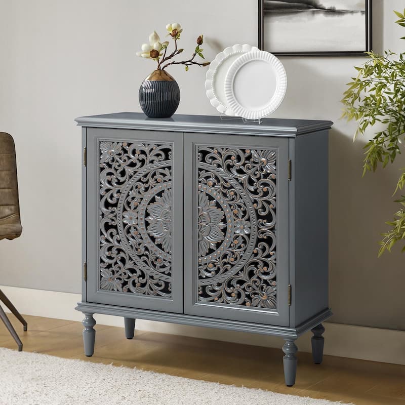 Ismenides Multifunctional 32" Tall 2-Door Accent Cabinet with Floral Design and Solid Wood Legs by HULALA HOME