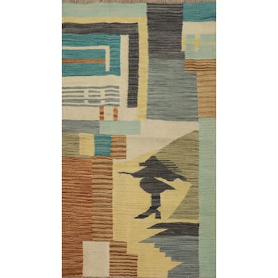 Hand Woven Oriental 100% Wool Carpet Southwestern Modern Multi-Colored Kilim Area Rug - 4' 0'' X 2' 1''