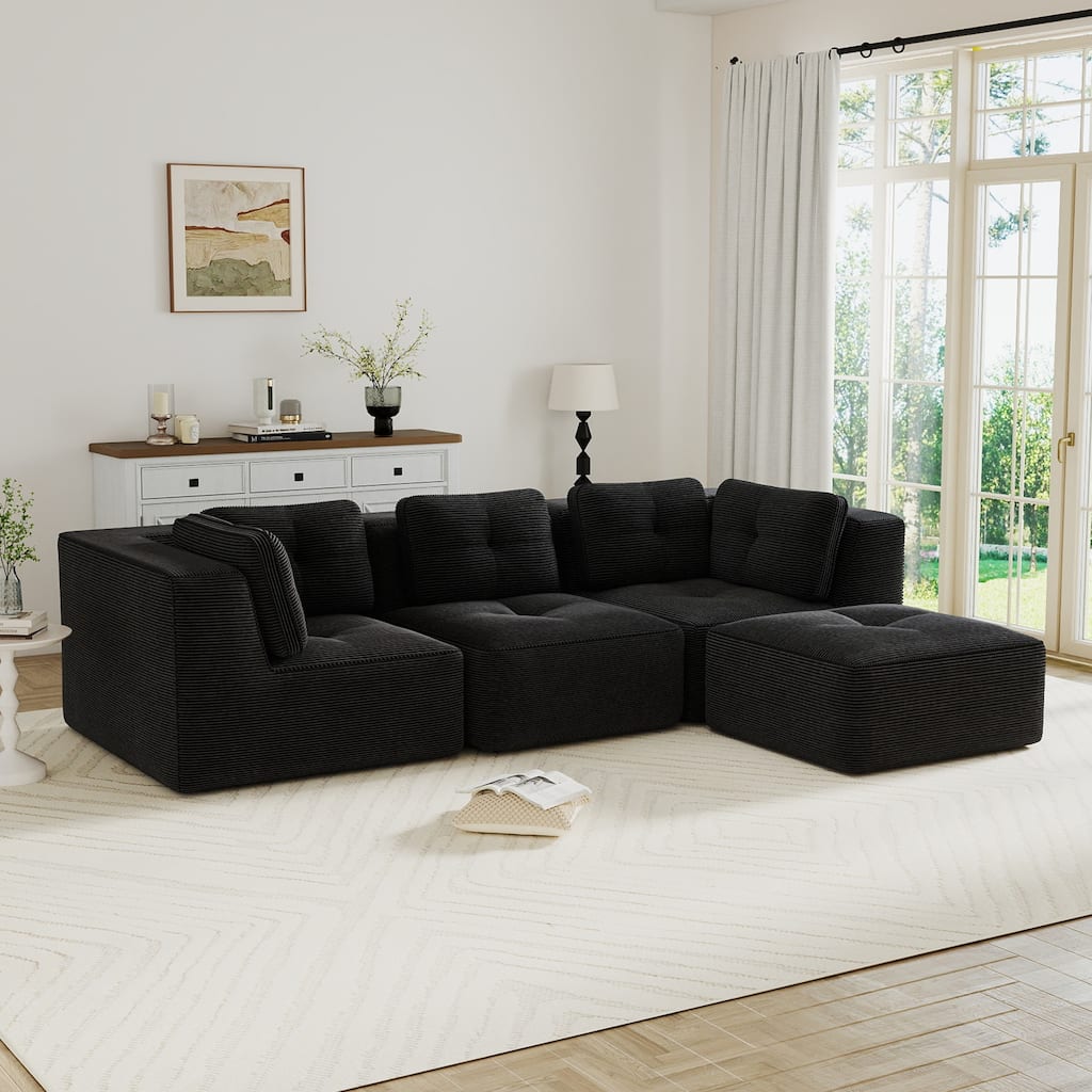 GDFStudio - 116.9" 3-Seater Corduroy Modular Sectional Sofa with Movable Ottoman & Soft Upholstery for Living Room