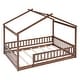 preview thumbnail 5 of 7, Kids House Bed with Roof & Fence, Pine Wood Bed Frame,Walnut - Full