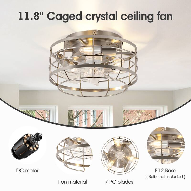 12" Low Profile Enclosed Cage Ceiling Fan with Light and Remote