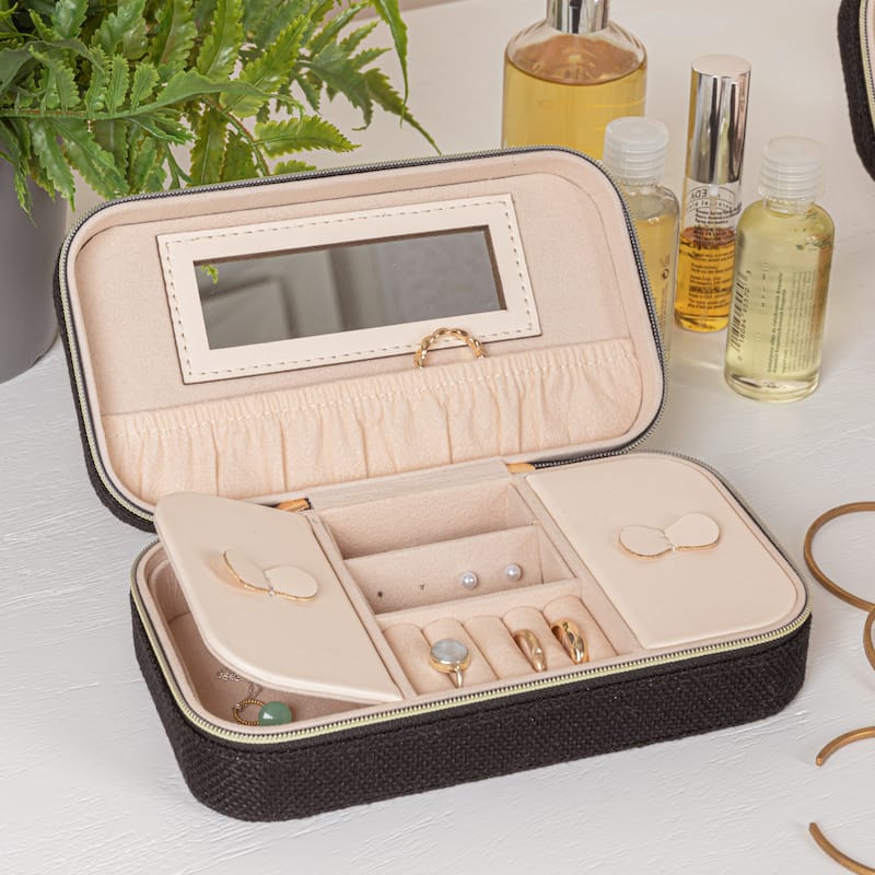 Household Essentials Fabric Travel Jewelry Organizer Box - 7.1"L x 3.9"W x 2.0"H - 7.1"L x 3.9"W x 2.0"H - Black
