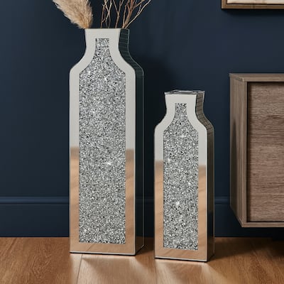 Set of Two Silver Mirrored Glass Floor Vases With Faux Crystals - 4.02