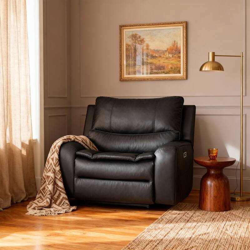 48.5" W Faux Leather Dual-Power Oversized Width Seat Recliner with USB & USB-C Charging, Ajustable Headrest - Black