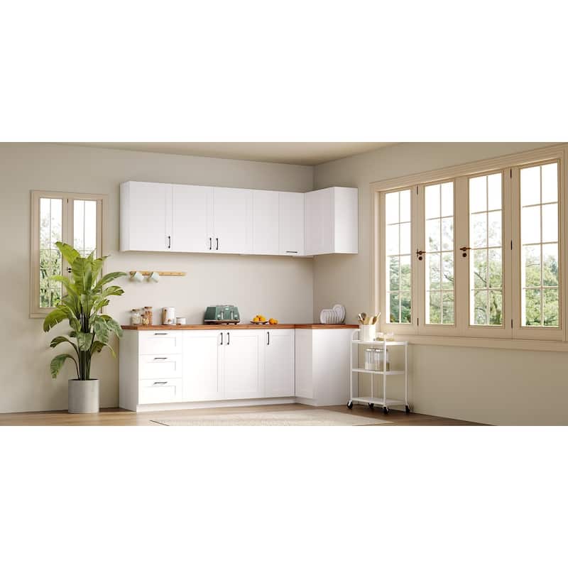 Modular White Kitchen Cabinet Set Customizable Base and Wall Cabinets Pantry Storage and DIY Countertop Design(Without desktop)