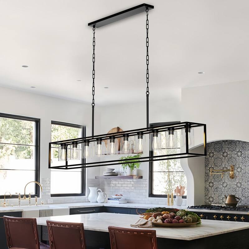 10-Light Large Farmhouse Chandelier Rectangle Kitchen Island Pendant Light Fixture - With Clear Glass Shade/78.7*9in