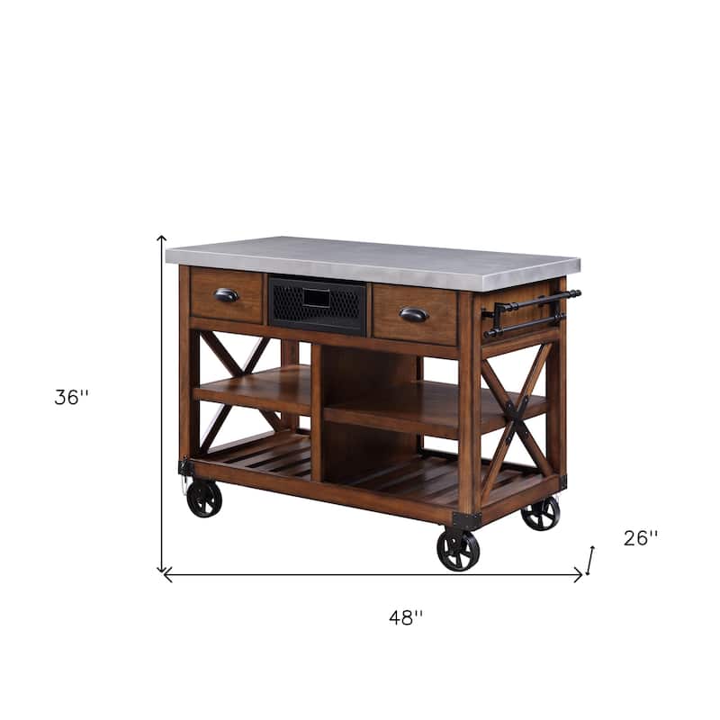HomeRoots Brown And Silver 48" Rolling Kitchen Cart With Storage - 48.00 in. x 36.00 in. x 26.00 in.