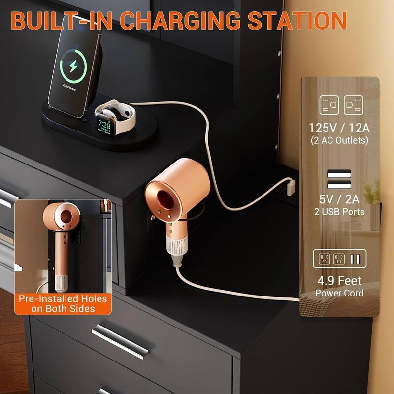 6 Drawers Makeup Vanity Desk, Dressing Table with Lighted Mirror