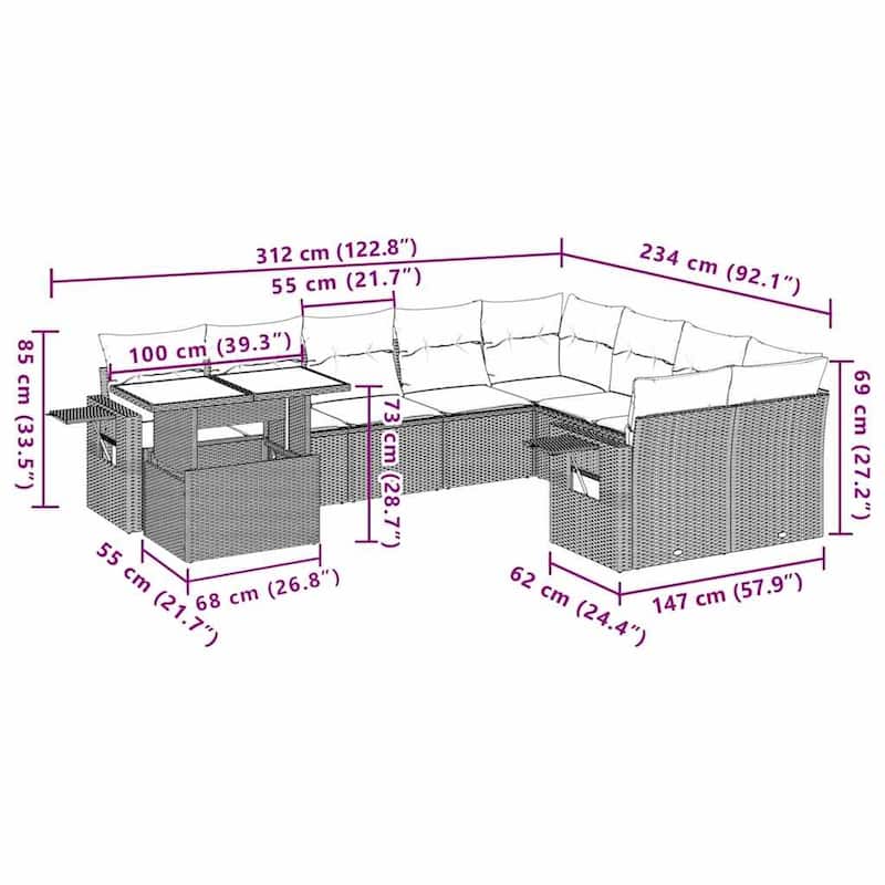 vidaXL Patio Sofa Set with Cushions Outdoor Furniture 10 Piece Poly Rattan - 24.4 x 24.4 x 27.2