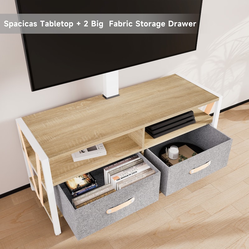 FITUEYES Wood TV Stand with Mount for 55-75 inch TVs Hold up to 88lbs, Swivel and Multi-functional with Foldable Drawers
