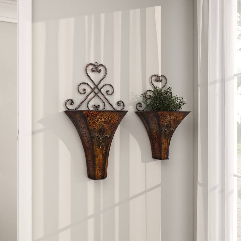 Brown Metal Indoor Outdoor Weathered Hanging Scroll Indoor Outdoor Wall Planter with Fleur-De-Lis Accent (Set of 2)