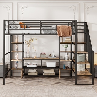 Full Size Metal Loft Bed with Desk, Staircase and Storage Cabinet