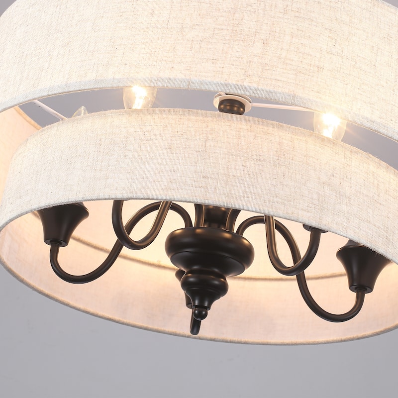 21.25-inch 5-light elegant retro metal chandelier with double-layer fabric lampshade and adjustable height