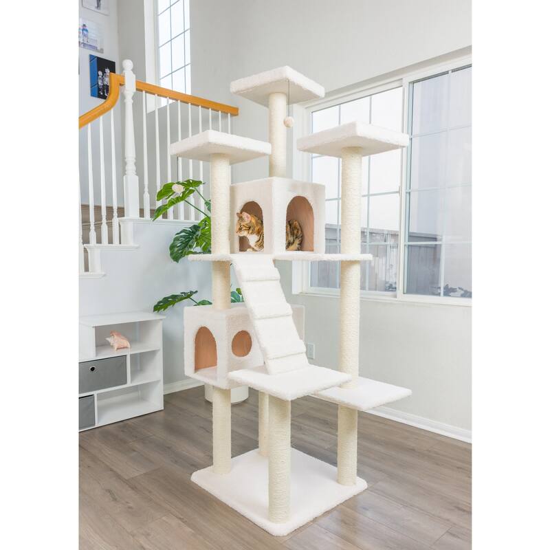 Classic Real Wood Cat Tree In Ivory,Multi Levels With Ramp - Ivory