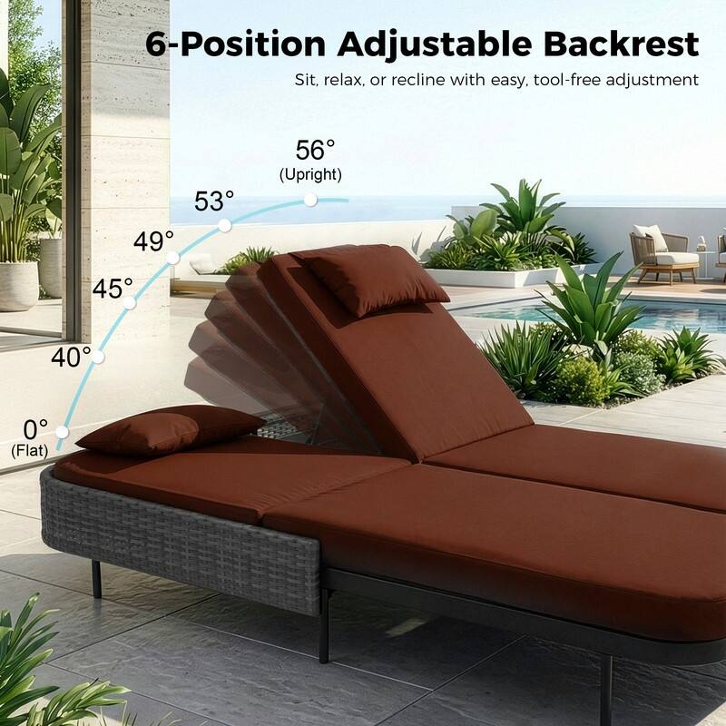 2-Person Outdoor Double Chaise Lounge, Wicker Patio Reclining Daybed with 6-Position Backrests, 4" Cushions, 800 lb Capacity