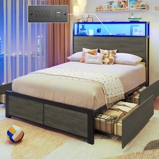 Twin Bed Frame with Storage Headboard, 4 Drawers, Charging Station ...
