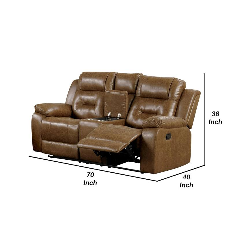 Kius Manual Recliner Loveseat, Brown Faux Leather, 70 Inch w Cupholders