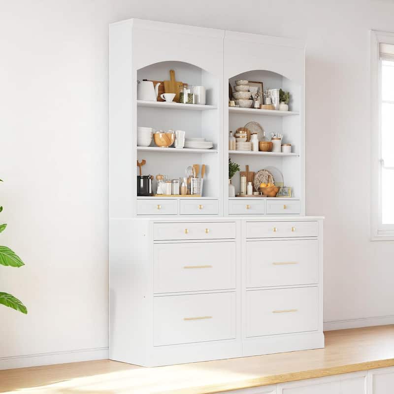 83.7" Freestanding Kitchen Pantry with Faux Marble Top, Storage Drawers and Adjustable Shelves, Set of 2 Tall Cabinets - White