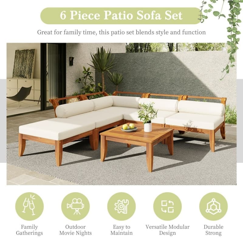 Patio 6-piece Acacia Modular Convertible Conversation Sofa Set with Ottoman and Pillows