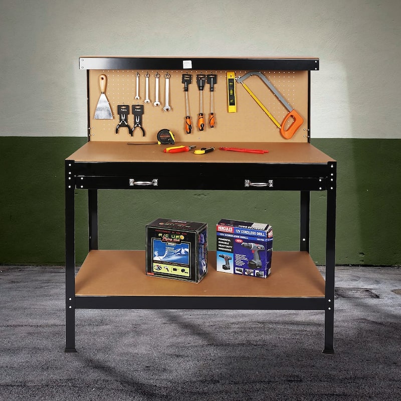 Steel Tool Storage Workbench, Hardwood Tools Table Workstation with Drawer, Peg Board for Workshop, Home