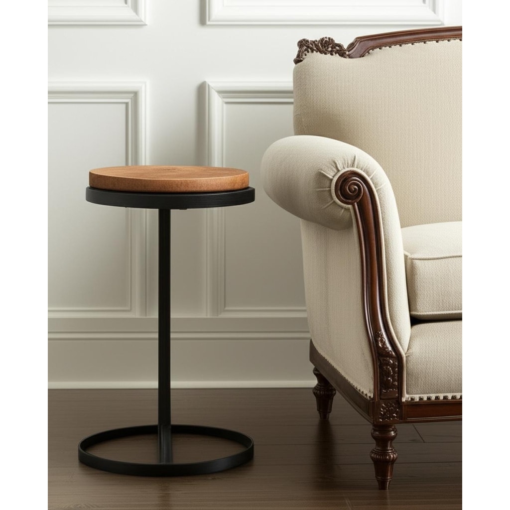 HomeRoots 25" Brown and Black Wood and Iron Round Pedestal End Table - 18.00 in. x 25.20 in. x 18.00 in.