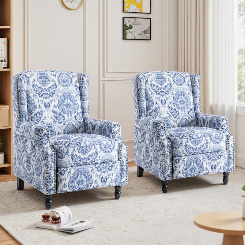 Floral Linen Manual Recliner Chair with Footrest set of 2 - NAVY