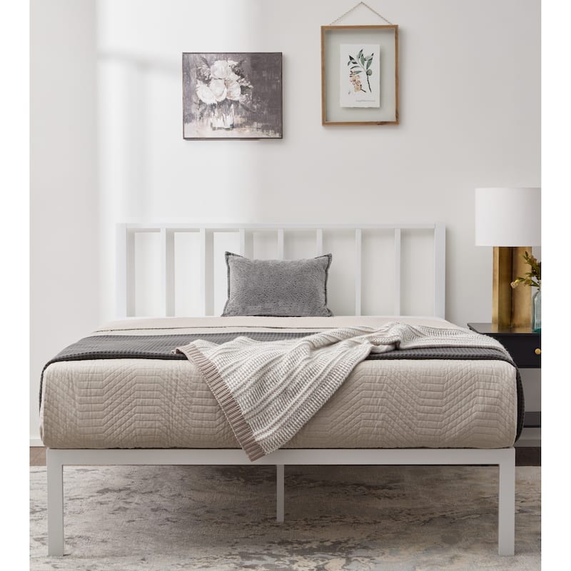 Modern White King Metal Platform Bed with Vertical Bar Headboard