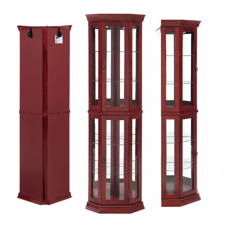 Lighted Corner Curio Cabinet, Curved Wooden Display Cabinet, Bar Cabinet with Adjustable Shelves & Tempered Glass Doors
