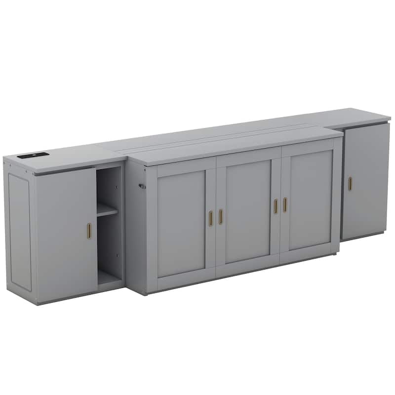 Queen Size Murphy Bed with Shelves, Cabinets and USB Ports,Gray