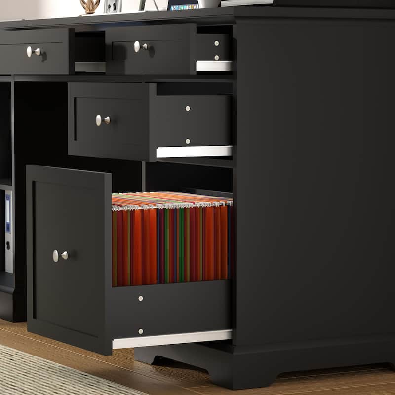 60W Black Pedestal Desk Office Desk with Drawers, File Cabinet