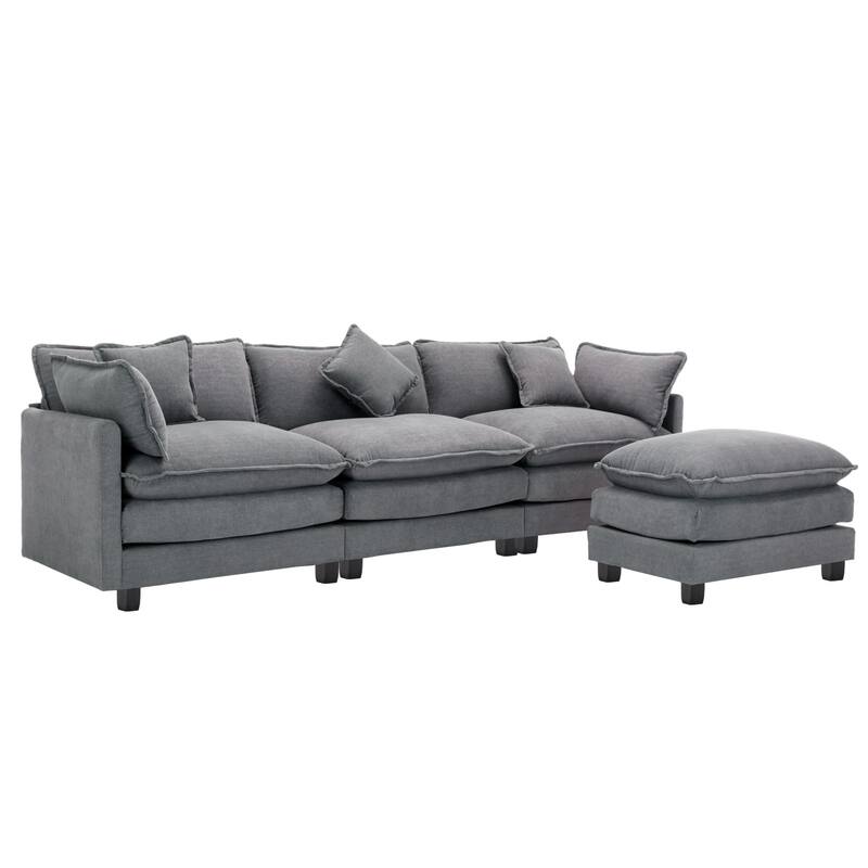 Grey 112.2" Modern L-Shaped 4 Seater Sectional Sofa with Removable Ottoman, 5 Plush Pillows, and Sturdy Frame