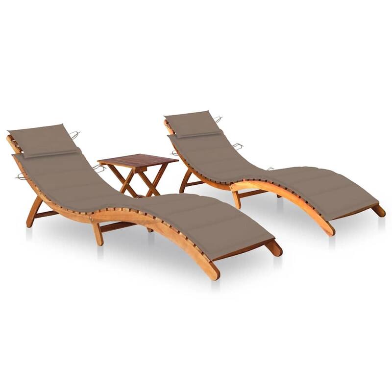 vidaXL Sun Loungers 2 pcs with Table and Cushions Solid Acacia Wood - 72.4" x 21.7" x 25.2"