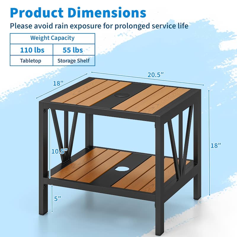 Black-Natural Metal 2-Tier Outdoor Side Table with Wood-Like Top and Umbrella Hole - 20.5" x 18" x 18"