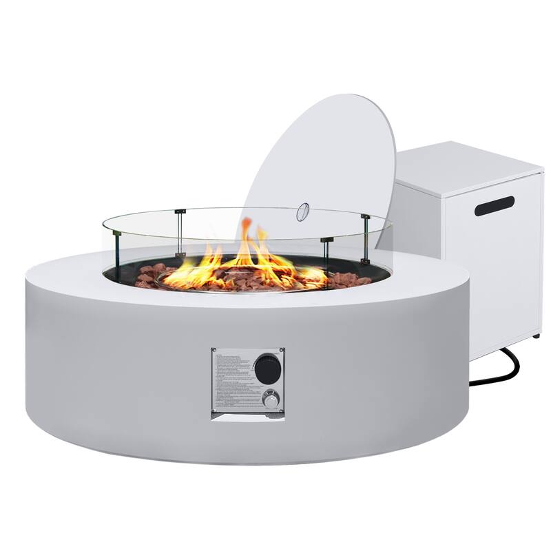 Patio Watcher Outdoor 42in./56in. Iron Fire Pit Table with Propane Tank Cover and Glass Wind Guard