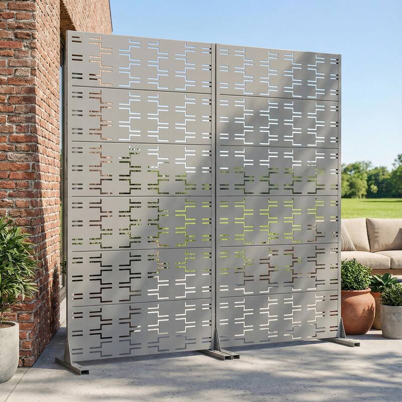 Outdoor Privacy Screen Metal Screen Fence Panel Set of 2 - Grey - 72"x35"