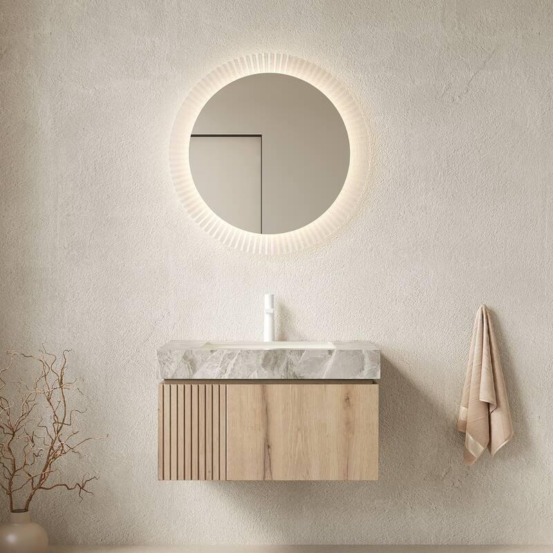 30"/36"/48" Wall-Mounted Bathroom Vanity with Ceramic Sink, Sintered Stone Countertop Floating Bathroom Storage Cabinet - Light Gray,White Oak - 30 Inch