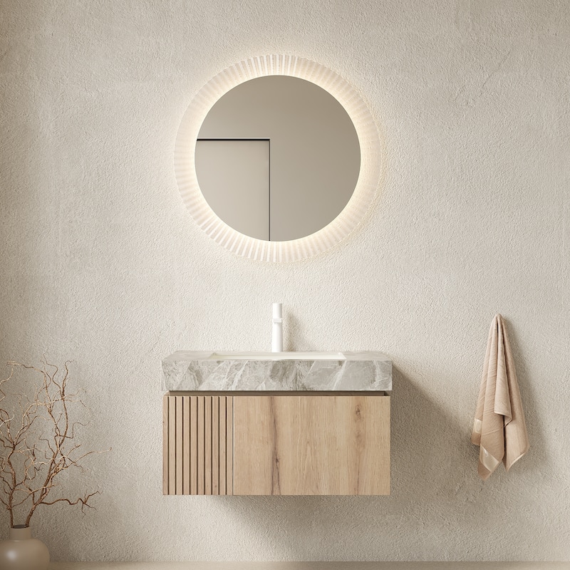 30" Floating Bathroom Vanity with Sink - Cabinet with Drawer & Door, Travertine Sintered Stone Countertop & Basin -  Light Gray+White Oak