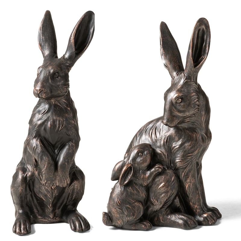 Glitzhome MGO Bronze Mom and Baby Rabbit Statue Standing Bunny Figurine - Set of 2